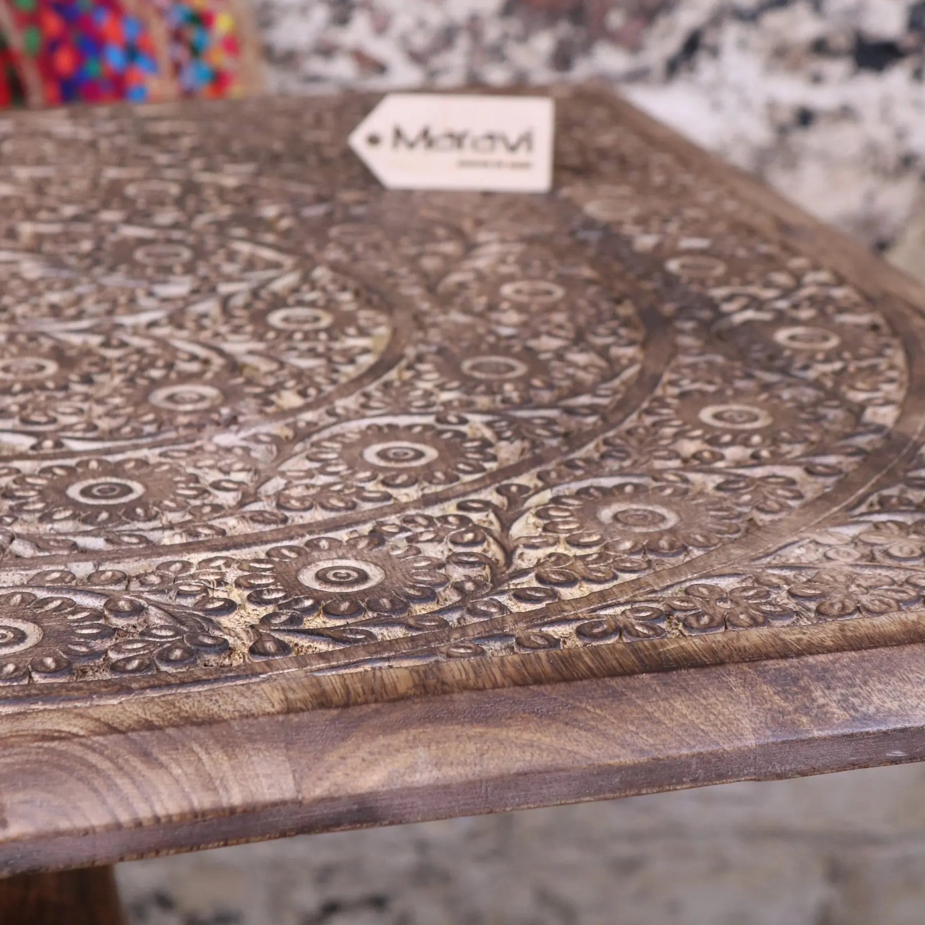 Alia Square Pedestal Large Side Table Hand Carved