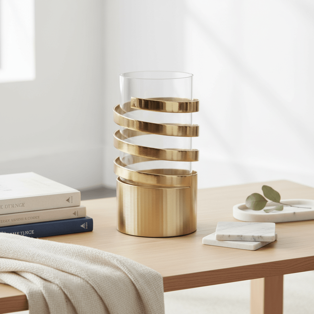 Amreli Small Vertical Textured Gold Metal Hurricane Candle Holder