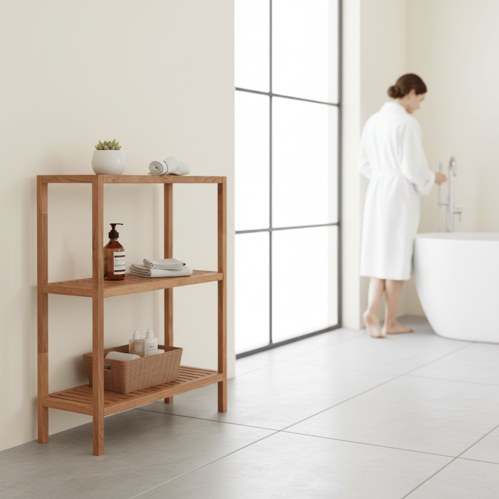 Arla 3 Tier Walnut Wood Bathroom Shelf Unit
