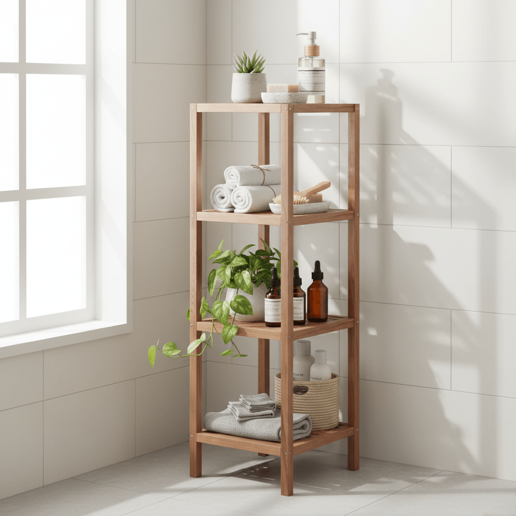 ARLA 4 Tier Walnut Wood Bathroom Shelf Unit