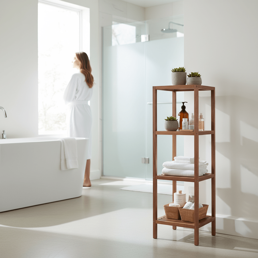 ARLA 4 Tier Walnut Wood Bathroom Shelf Unit