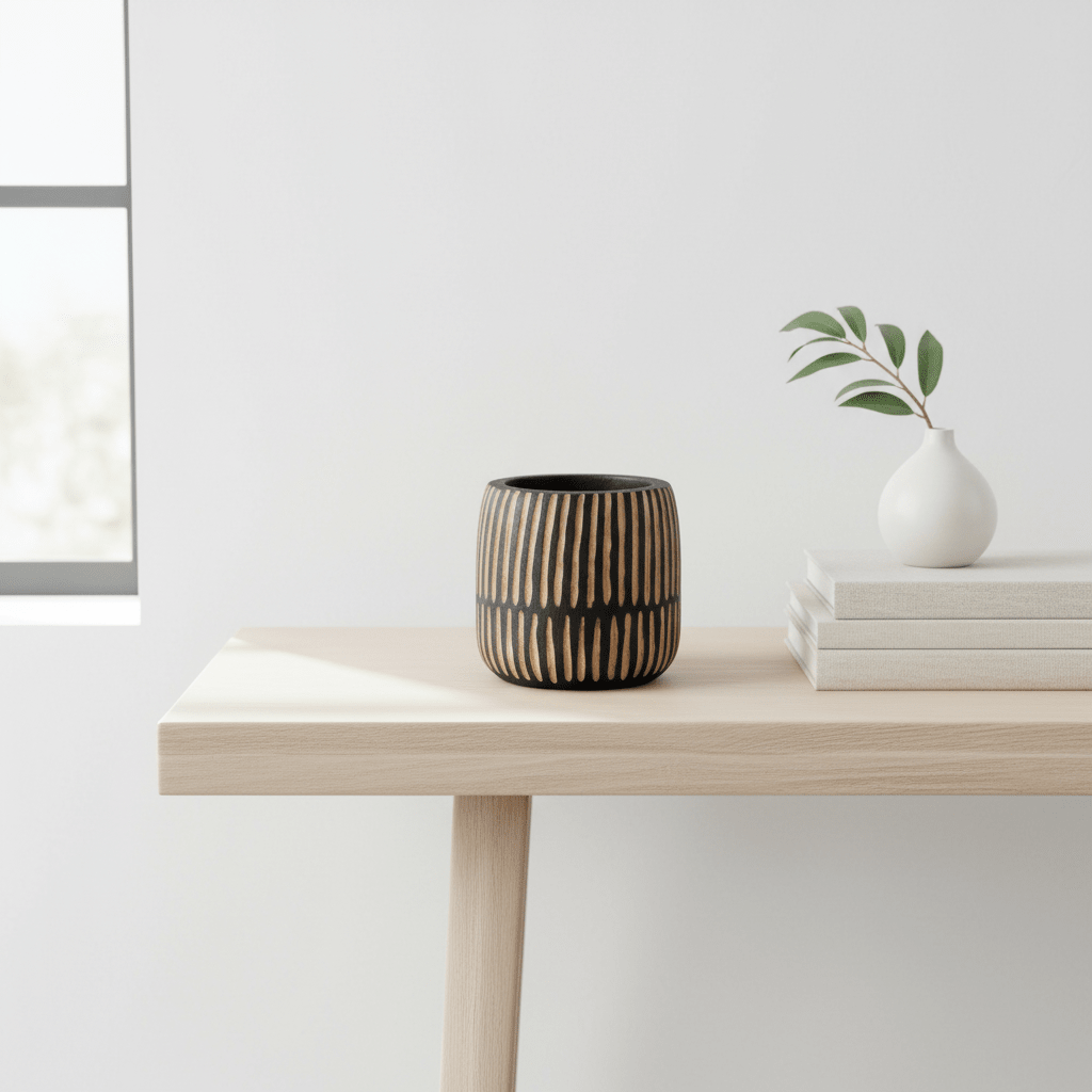Arlo Large Engraved Natural And Black Wooden Planter