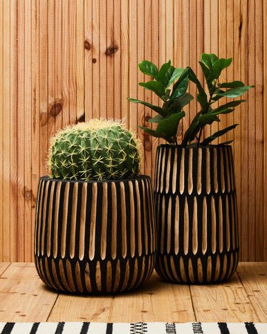 Arlo Large Engraved Natural And Black Wooden Planter