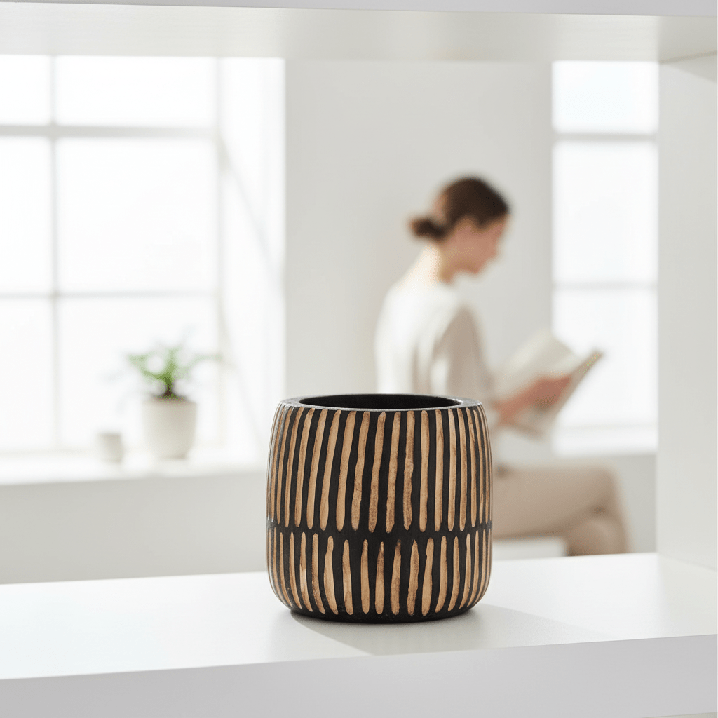 Arlo Large Engraved Natural And Black Wooden Planter