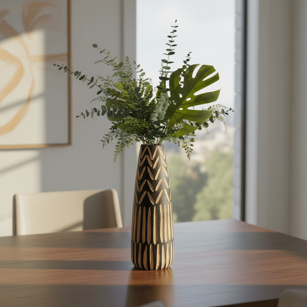 Arlo Large Wooden Engraved Vase In Black And Natural