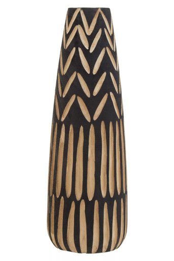 Arlo Large Wooden Engraved Vase In Black And Natural
