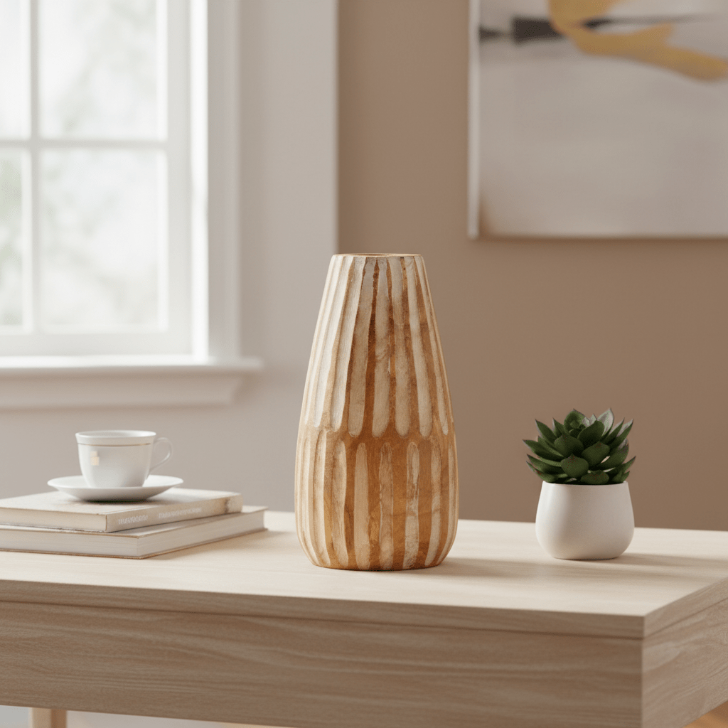 Arlo Large Wooden Engraved Vase In Black And Natural