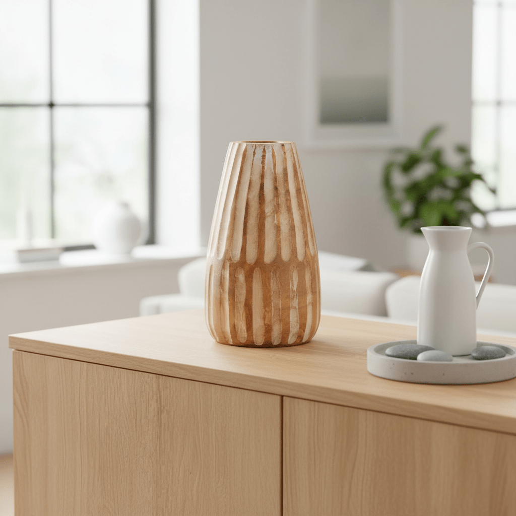 Arlo Large Wooden Engraved Vase In Black And Natural