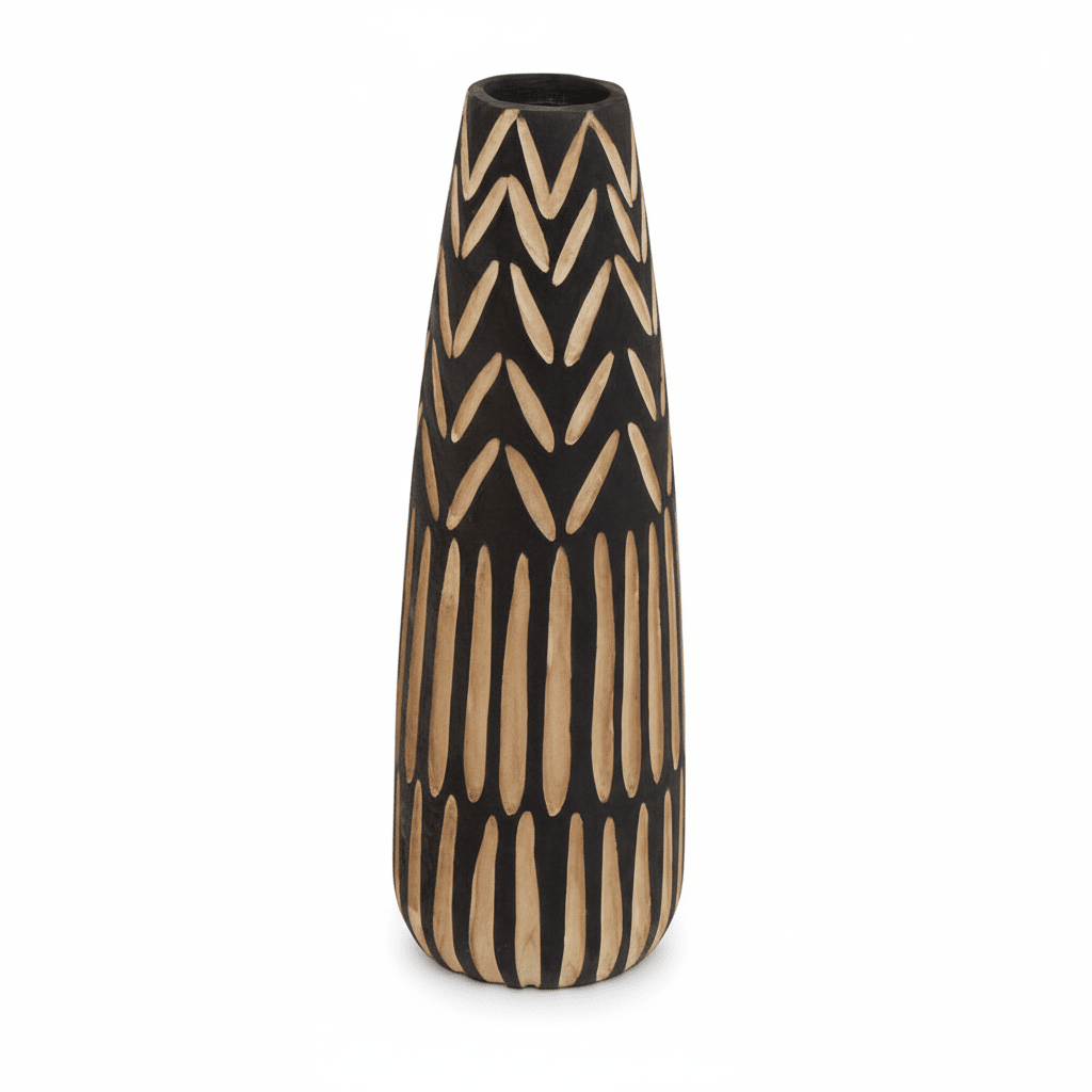 Arlo Large Wooden Engraved Vase In Black And Natural