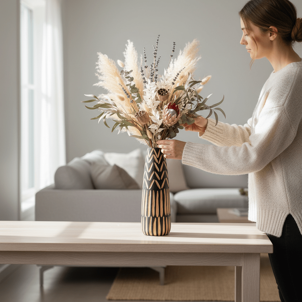 Arlo Large Wooden Engraved Vase In Black And Natural