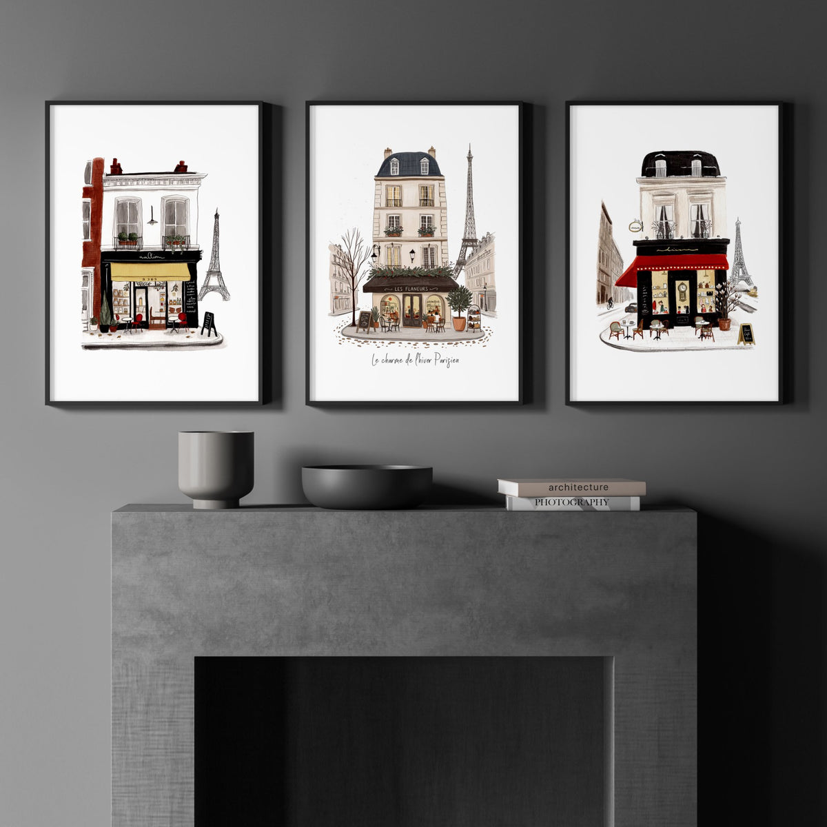Art Above Fireplace Paris Street Café Watercolour wall art | "Le Charme de l'Hiver Parisien" displayed on a wall in a styled room
