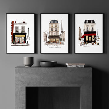 Art Above Fireplace Paris Street Café Watercolour wall art | "Le Charme de l'Hiver Parisien" displayed on a wall in a styled room
