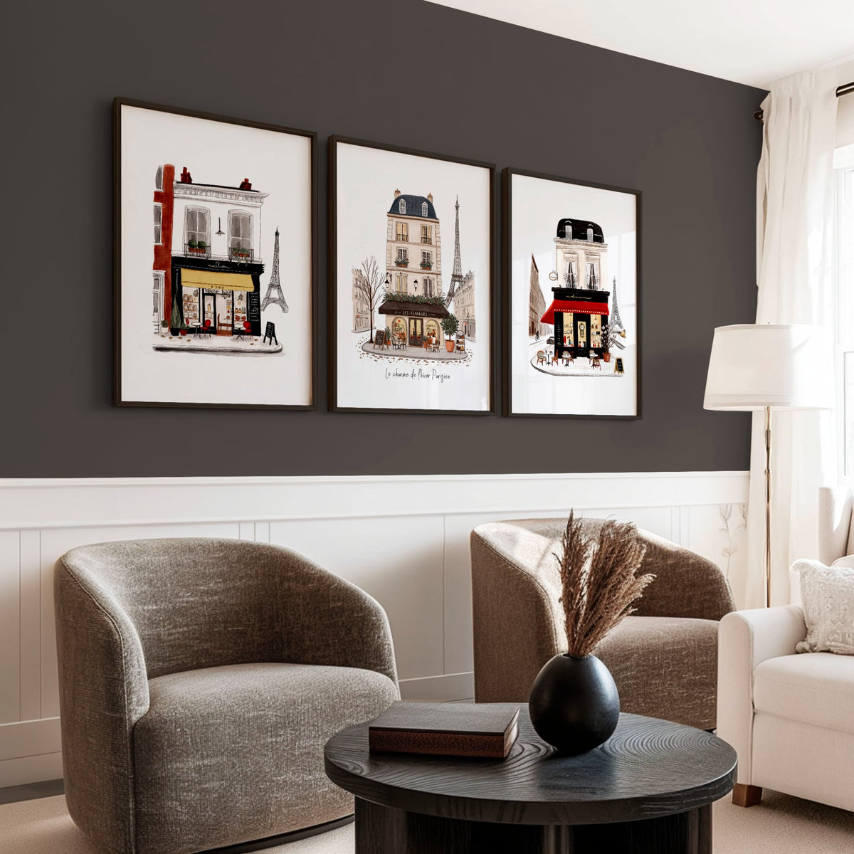Art Above Fireplace Paris Street Café Watercolour wall art | "Le Charme de l'Hiver Parisien" displayed on a wall in a styled room — view 2