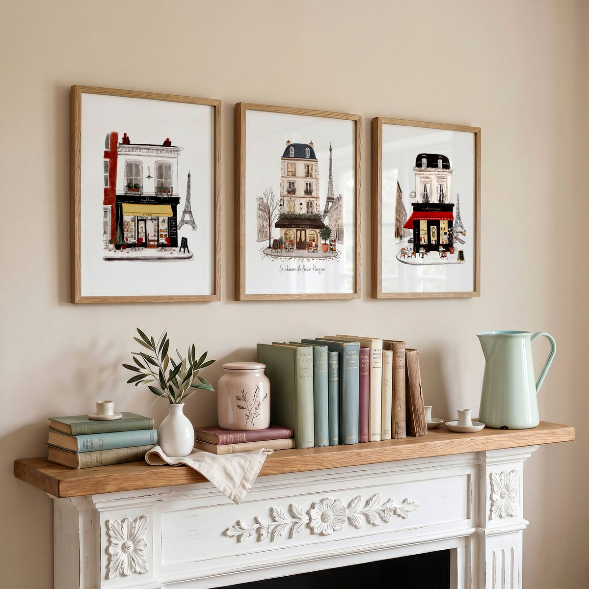 Art Above Fireplace Paris Street Café Watercolour wall art | "Le Charme de l'Hiver Parisien" displayed on a wall in a styled room — view 4