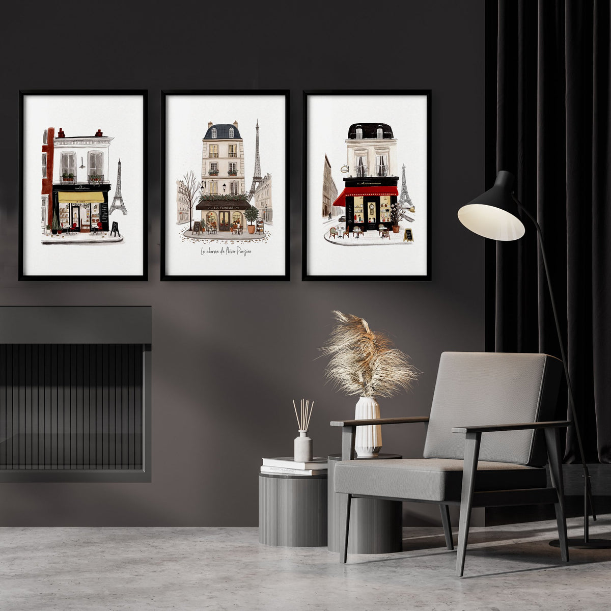 Art Above Fireplace Paris Street Café Watercolour wall art | "Le Charme de l'Hiver Parisien" displayed on a wall in a styled room — view 5