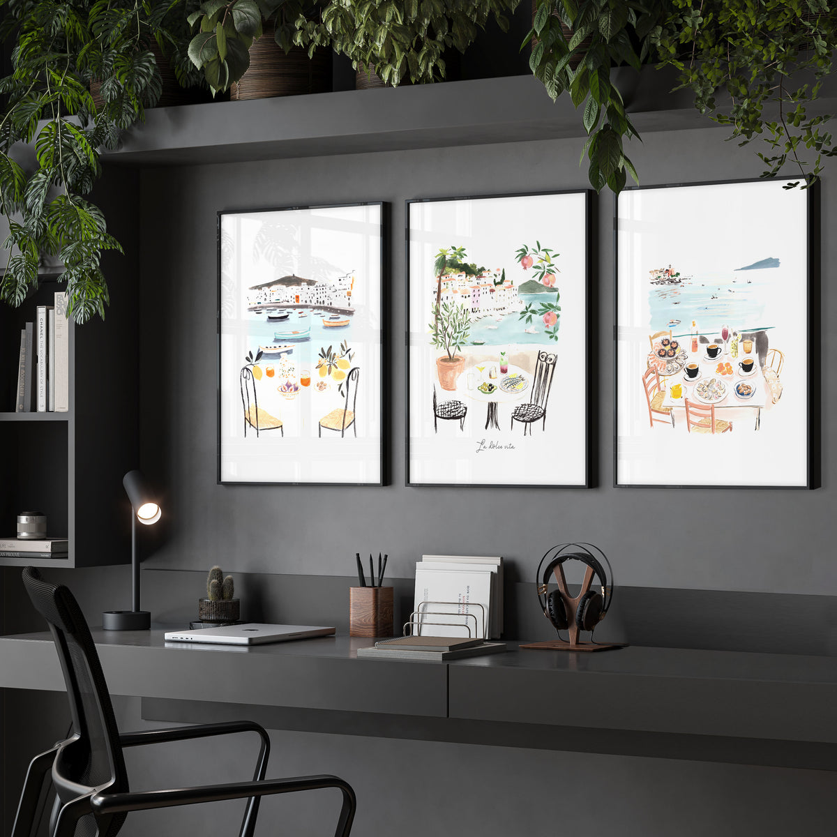 Art for an Office Mediterranean Coastal Dining Scene wall art | "La Dolce Vita" displayed on a wall in a styled room