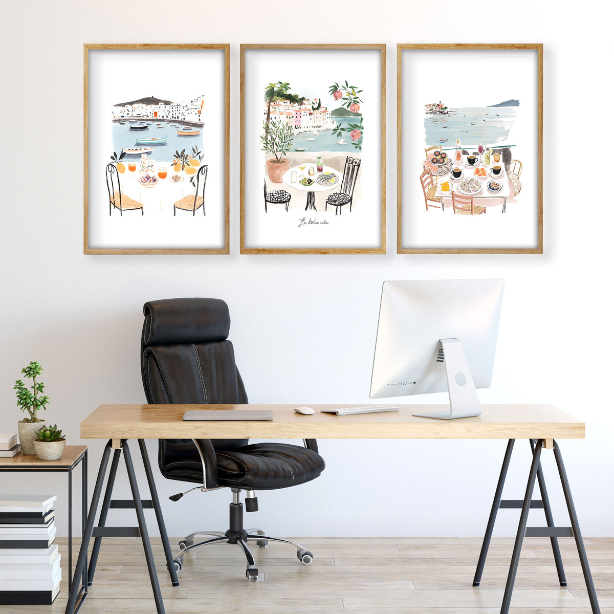 Art for an Office Mediterranean Coastal Dining Scene wall art | "La Dolce Vita" displayed on a wall in a styled room — view 2