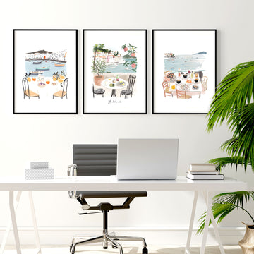 Art for an Office Mediterranean Coastal Dining Scene wall art | "La Dolce Vita" displayed on a wall in a styled room — view 3