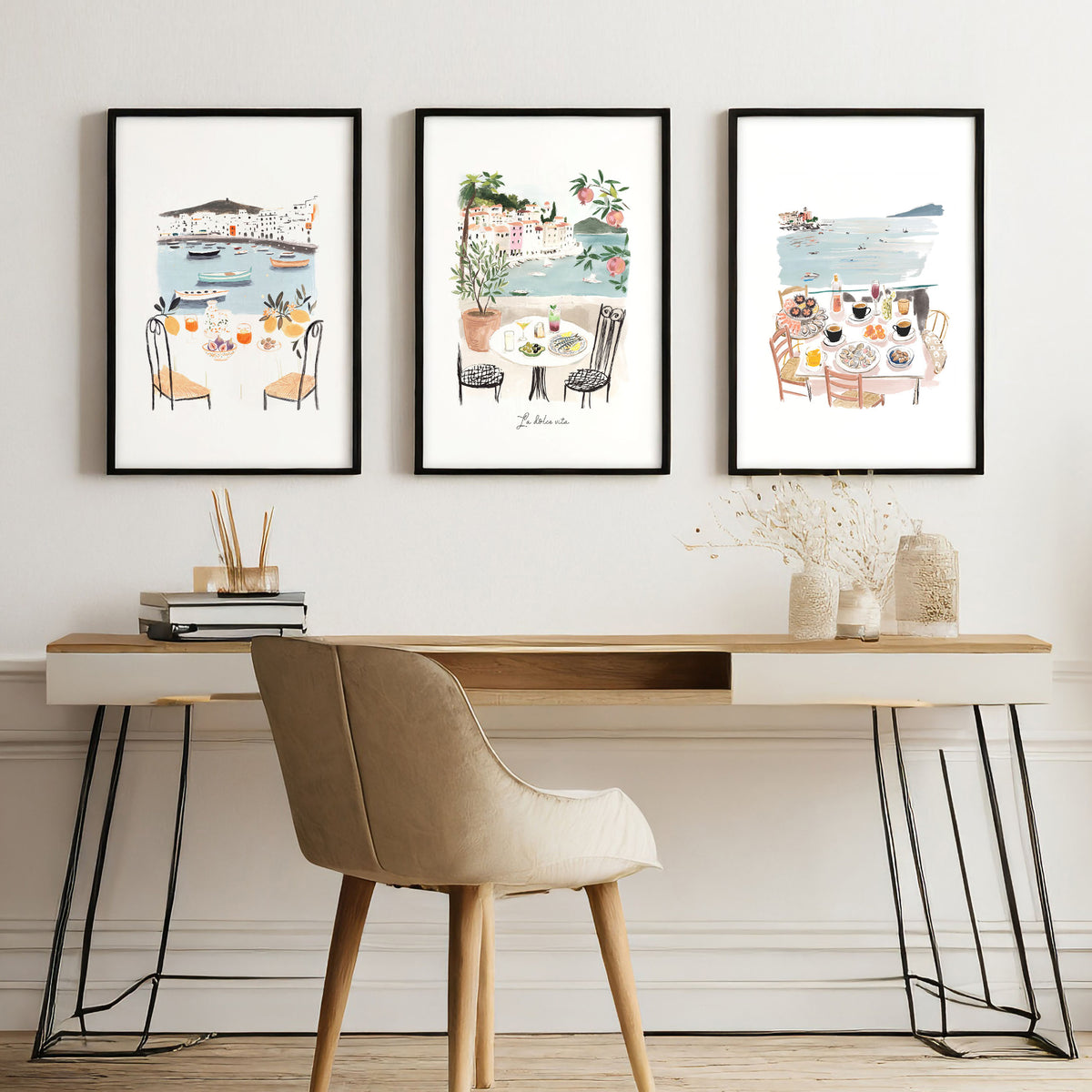 Art for an Office Mediterranean Coastal Dining Scene wall art | "La Dolce Vita" displayed on a wall in a styled room — view 5