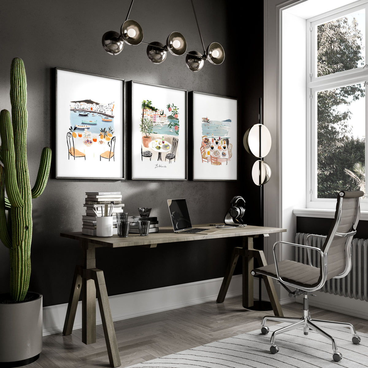 Art for an Office Mediterranean Coastal Dining Scene wall art | "La Dolce Vita" displayed on a wall in a styled room — view 6