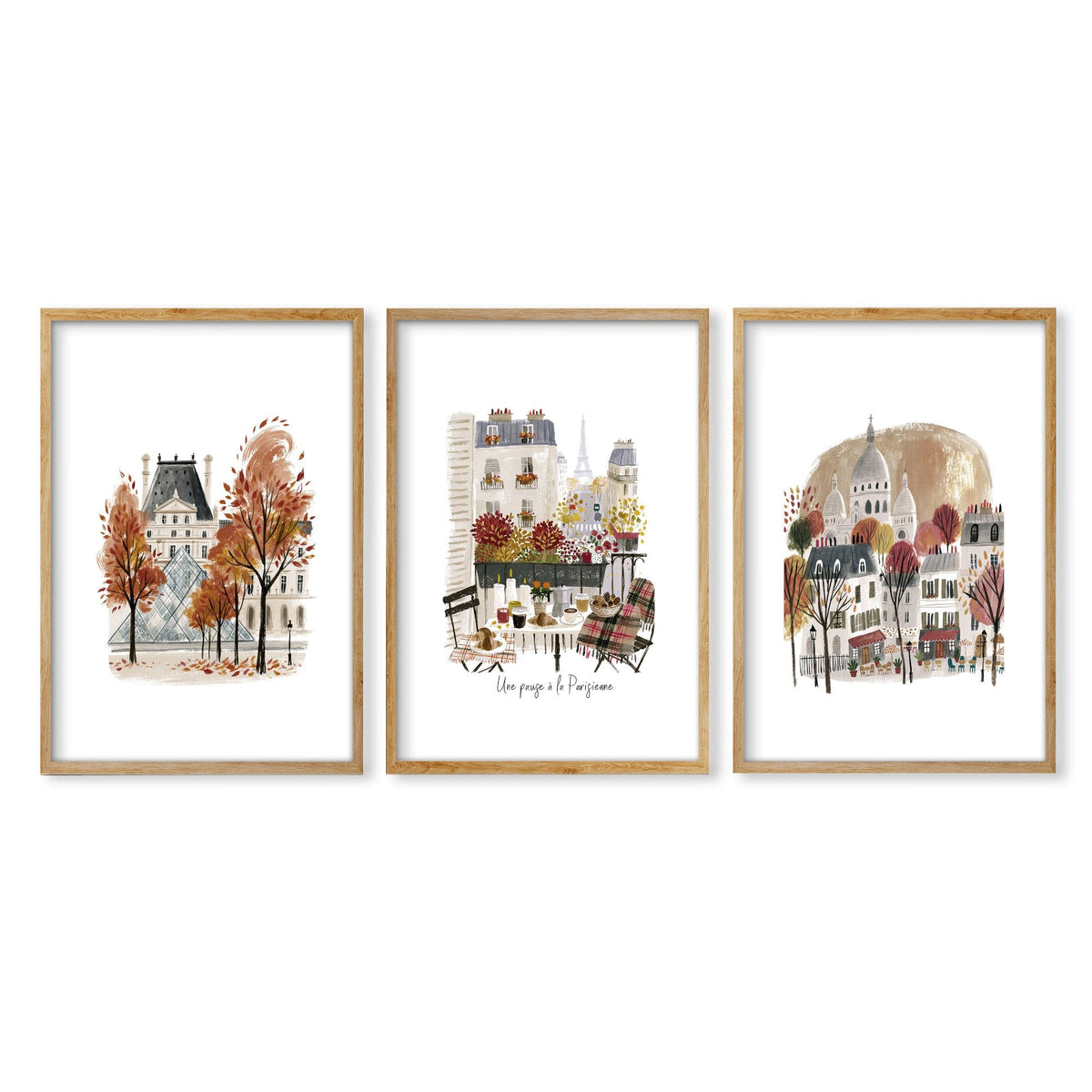 Art for Bedroom Autumn Paris Travel Wall Art Prints | "Une pause à la Parisienne" Louvre & Montmartre | Set of 3