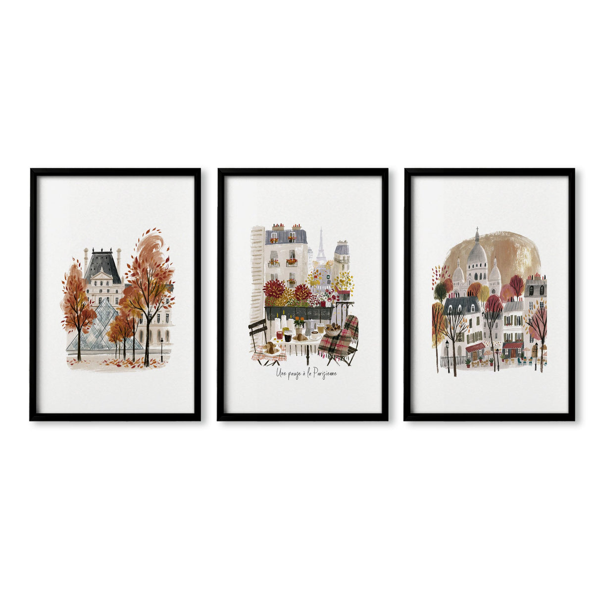 Art for Bedroom Autumn Paris Travel wall art | "Une pause à la Parisienne" Louvre & Montmartre in a black frame