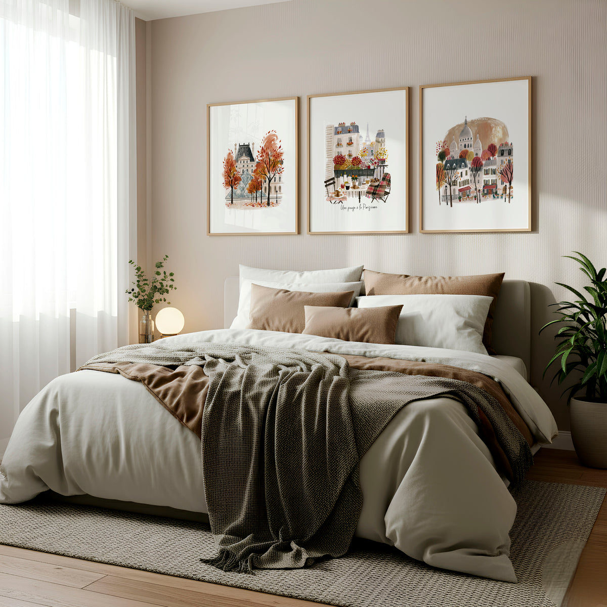 Art for Bedroom Autumn Paris Travel wall art | "Une pause à la Parisienne" Louvre & Montmartre displayed on a wall in a styled room — view 3