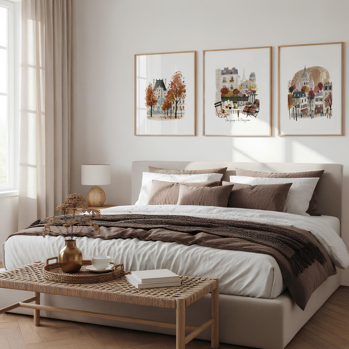 Art for Bedroom Autumn Paris Travel wall art | "Une pause à la Parisienne" Louvre & Montmartre displayed on a wall in a styled room — view 4