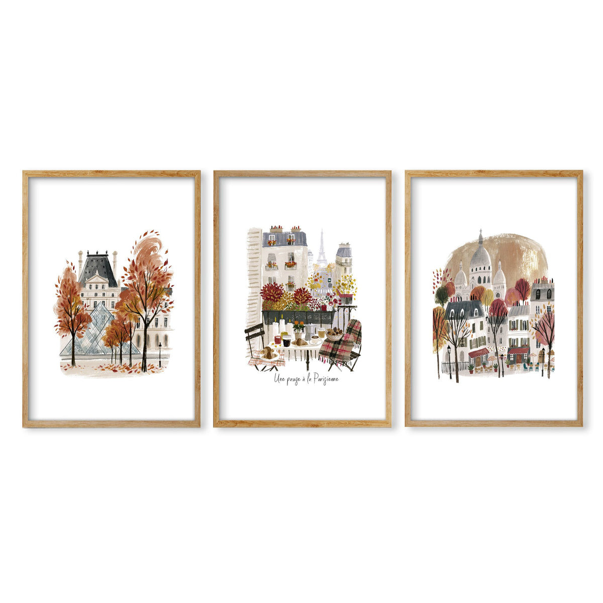 Art for Bedroom Autumn Paris Travel wall art | "Une pause à la Parisienne" Louvre & Montmartre in an oak frame