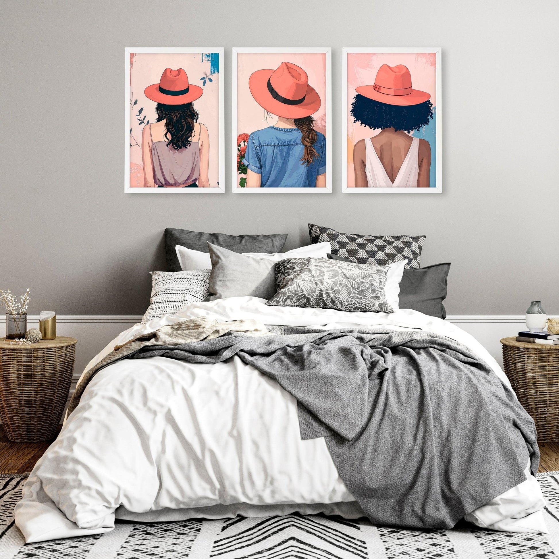 Art For Bedroom | Set of 3 Boho Women Wall art Prints