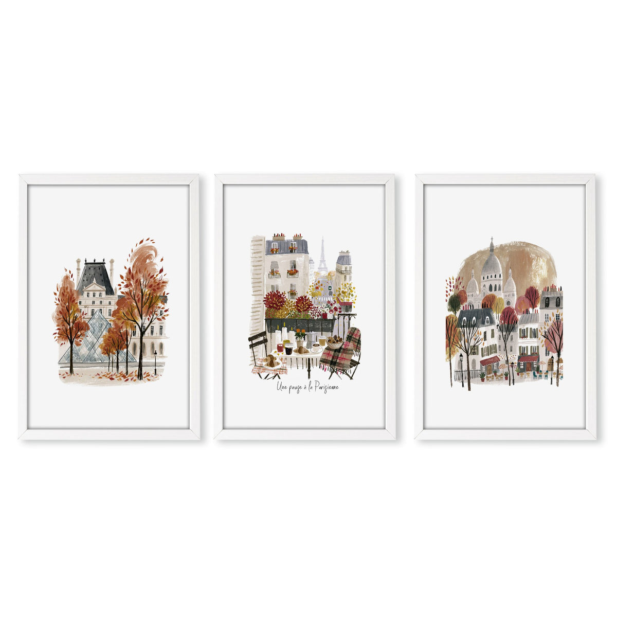 Art for Bedroom Autumn Paris Travel wall art | "Une pause à la Parisienne" Louvre & Montmartre in a white frame
