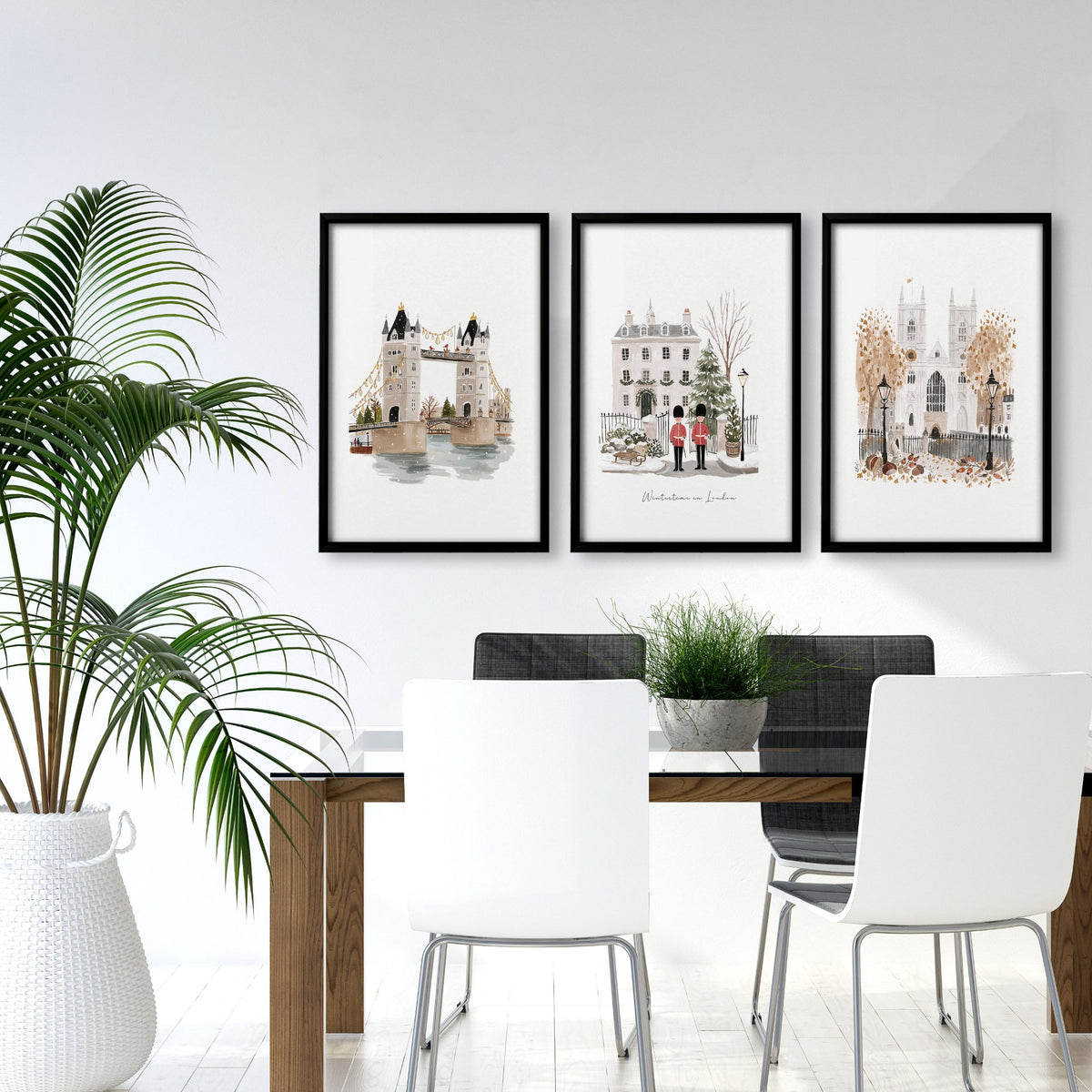 Art For Dining Room Wall London Travel wall art | "Wintertime In London" Beige & Ochre Set of 3 displayed on a wall in a styled room