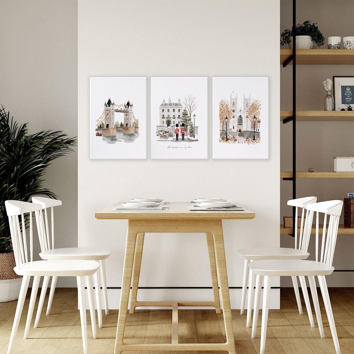Art For Dining Room Wall London Travel wall art | "Wintertime In London" Beige & Ochre Set of 3 displayed on a wall in a styled room — view 2
