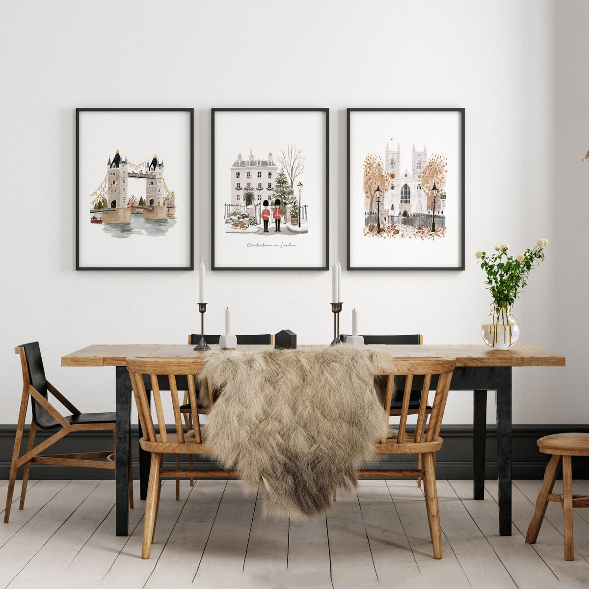 Art For Dining Room Wall London Travel wall art | "Wintertime In London" Beige & Ochre Set of 3 displayed on a wall in a styled room — view 3