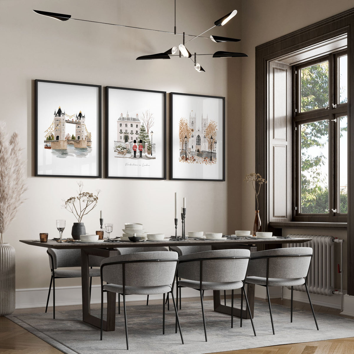 Art For Dining Room Wall London Travel wall art | "Wintertime In London" Beige & Ochre Set of 3 displayed on a wall in a styled room — view 4