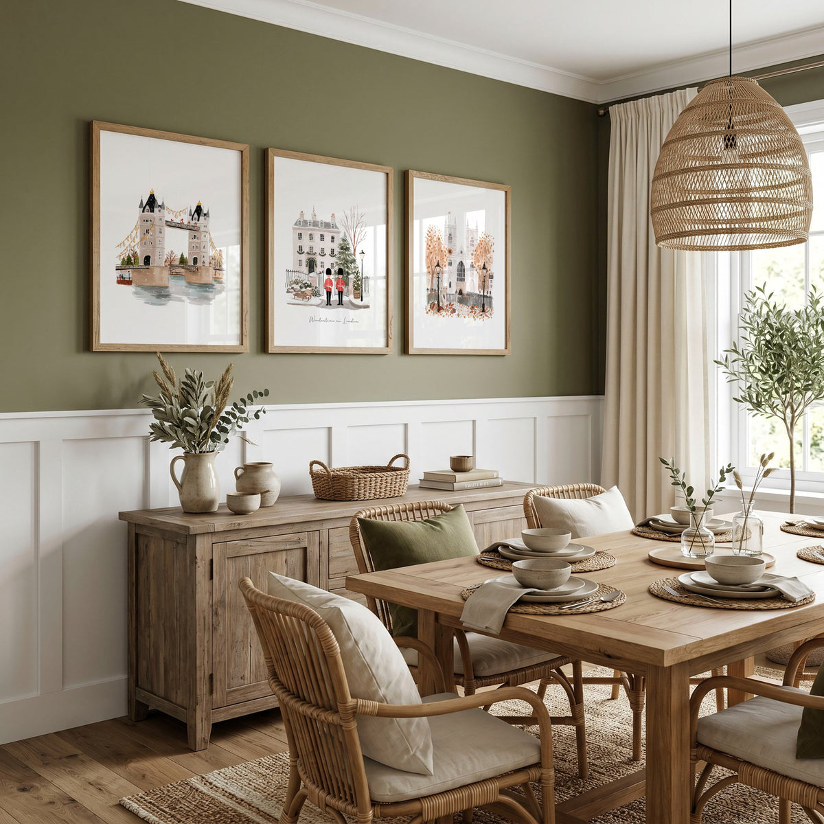 Art For Dining Room Wall London Travel wall art | "Wintertime In London" Beige & Ochre Set of 3 displayed on a wall in a styled room — view 5