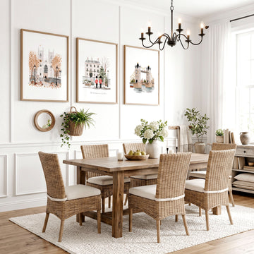 Art For Dining Room Wall London Travel wall art | "Wintertime In London" Beige & Ochre Set of 3 displayed on a wall in a styled room — view 6