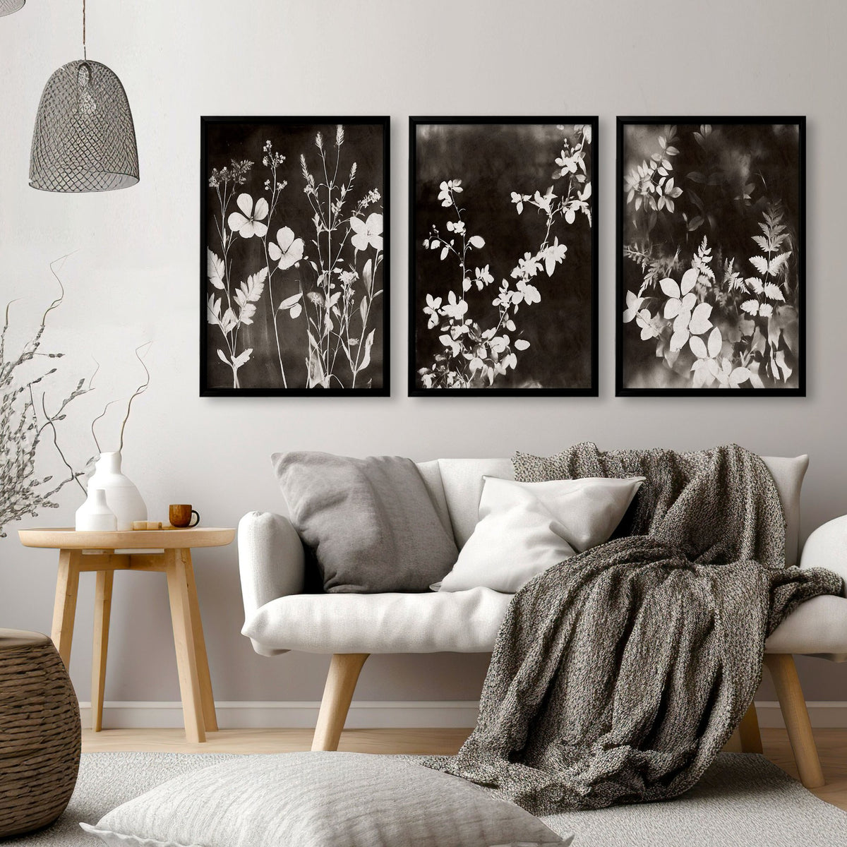 Art For Living Room Wall Mink Botanical Dark Floral wall art displayed on a wall in a styled room — view 10
