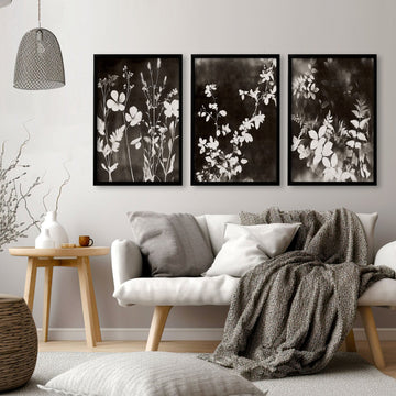 Art For Living Room Wall Mink Botanical Dark Floral wall art displayed on a wall in a styled room — view 10