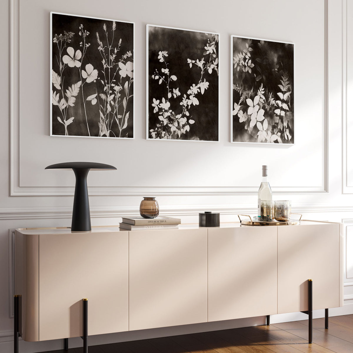 Art For Living Room Wall Mink Botanical Dark Floral wall art displayed on a wall in a styled room — view 13