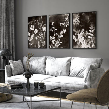 Art For Living Room Wall Mink Botanical Dark Floral wall art displayed on a wall in a styled room