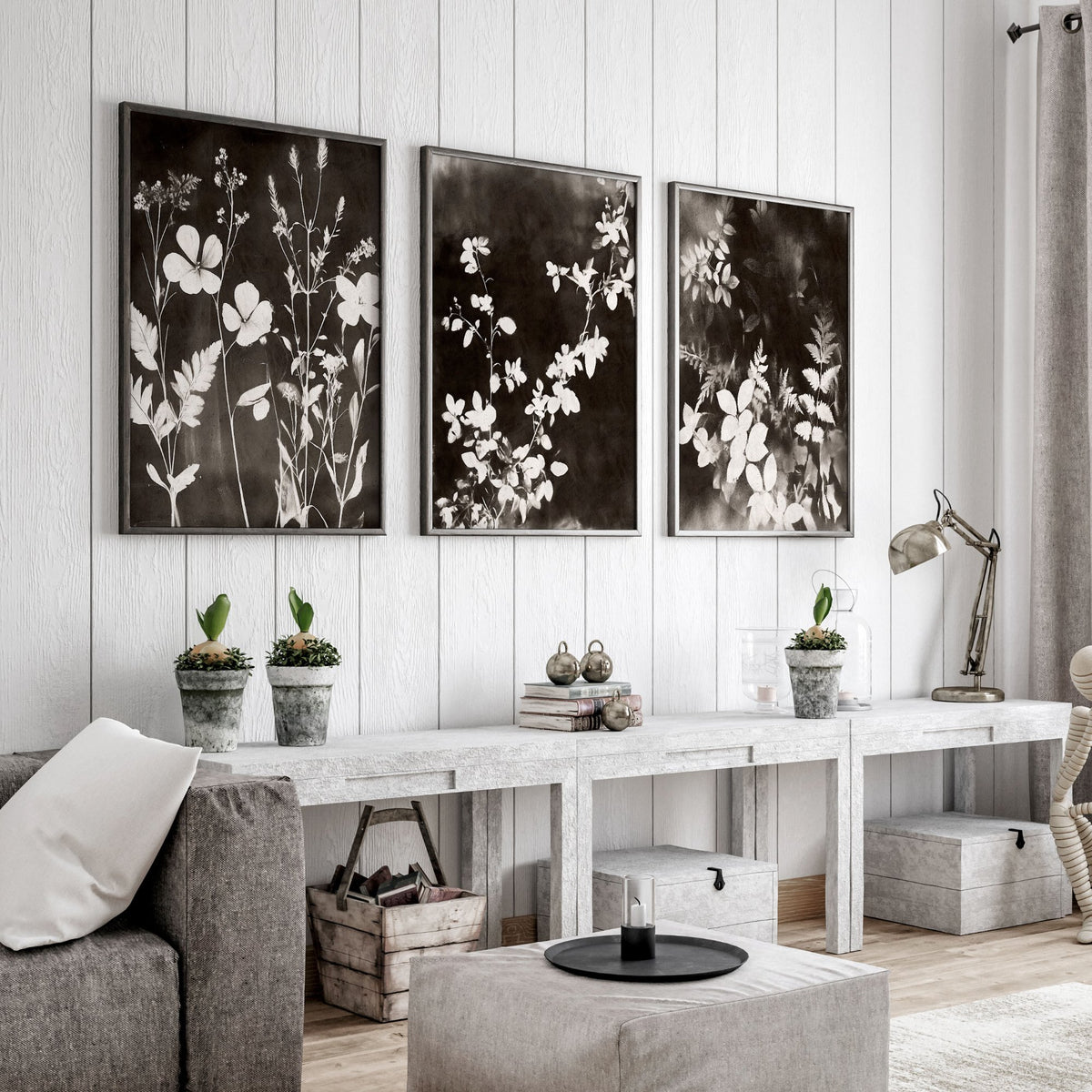 Art For Living Room Wall Mink Botanical Dark Floral wall art displayed on a wall in a styled room — view 2