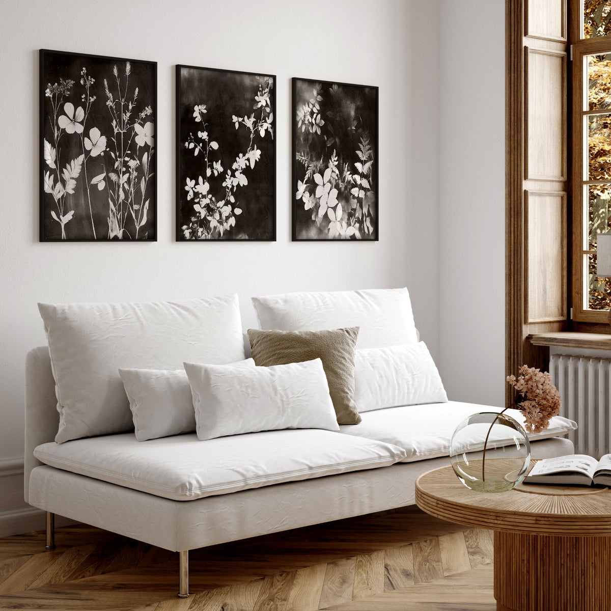 Art For Living Room Wall Mink Botanical Dark Floral wall art displayed on a wall in a styled room — view 3