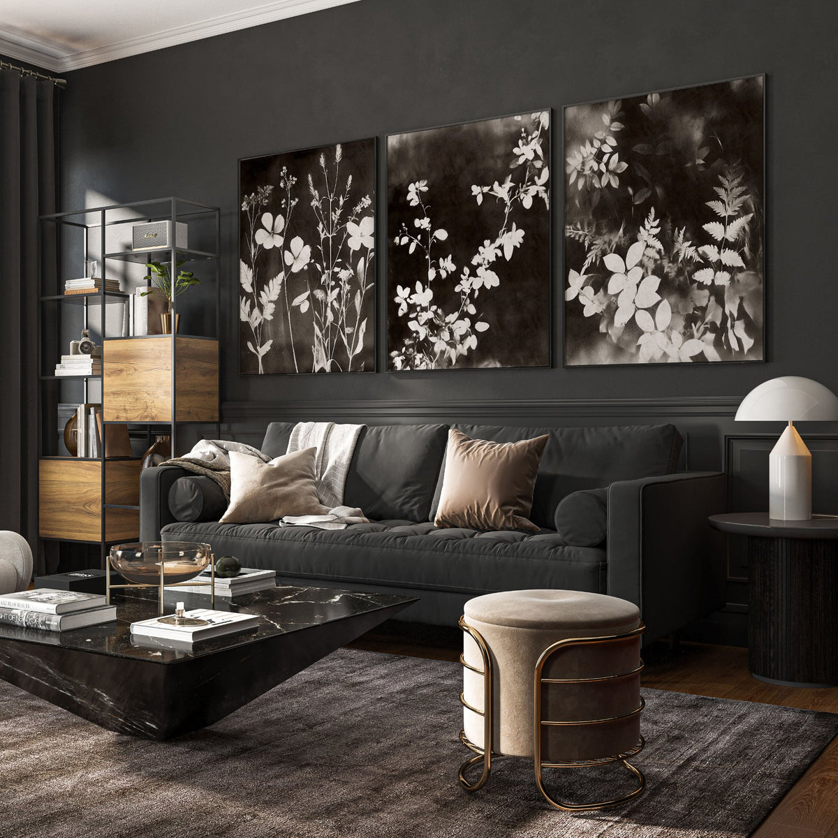 Art For Living Room Wall Mink Botanical Dark Floral wall art displayed on a wall in a styled room — view 4