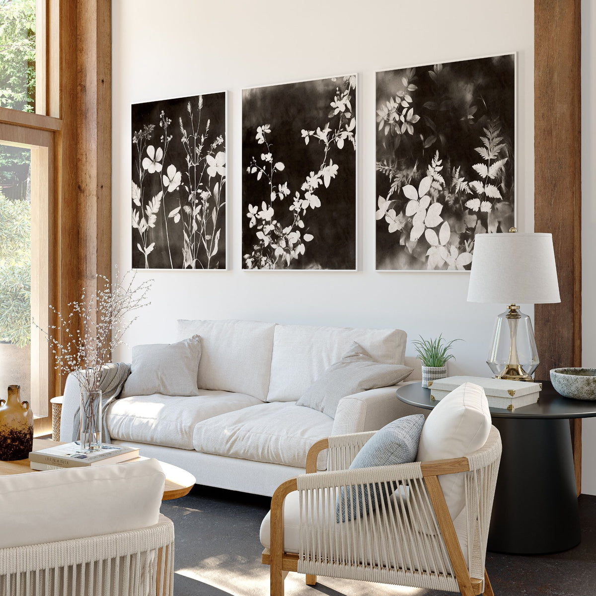 Art For Living Room Wall Mink Botanical Dark Floral wall art displayed on a wall in a styled room — view 5