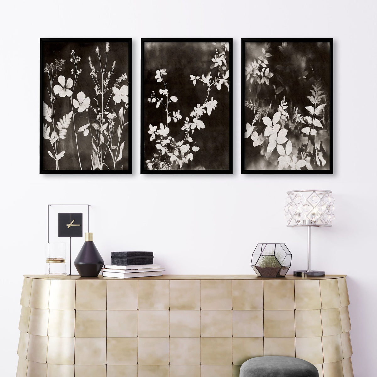 Art For Living Room Wall Mink Botanical Dark Floral wall art displayed on a wall in a styled room — view 6