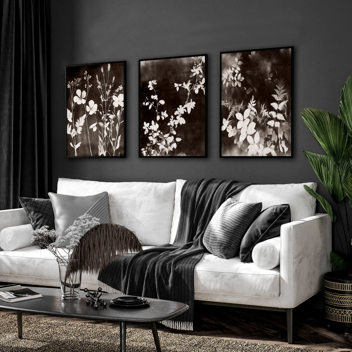 Art For Living Room Wall Mink Botanical Dark Floral wall art displayed on a wall in a styled room — view 7