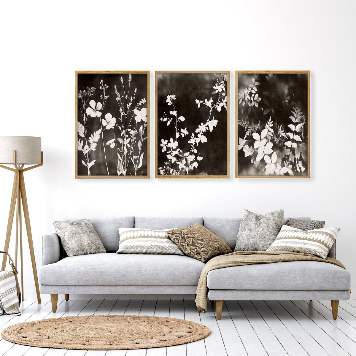 Art For Living Room Wall Mink Botanical Dark Floral wall art displayed on a wall in a styled room — view 8