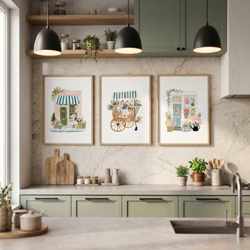 Art in Kitchen Cottage Flower Shop & Floral Cart wall art displayed on a wall in a styled room