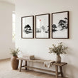 Art Landscape Painting Japanese Ink Wash Black White Red Sun Zen displayed on a wall in a styled room